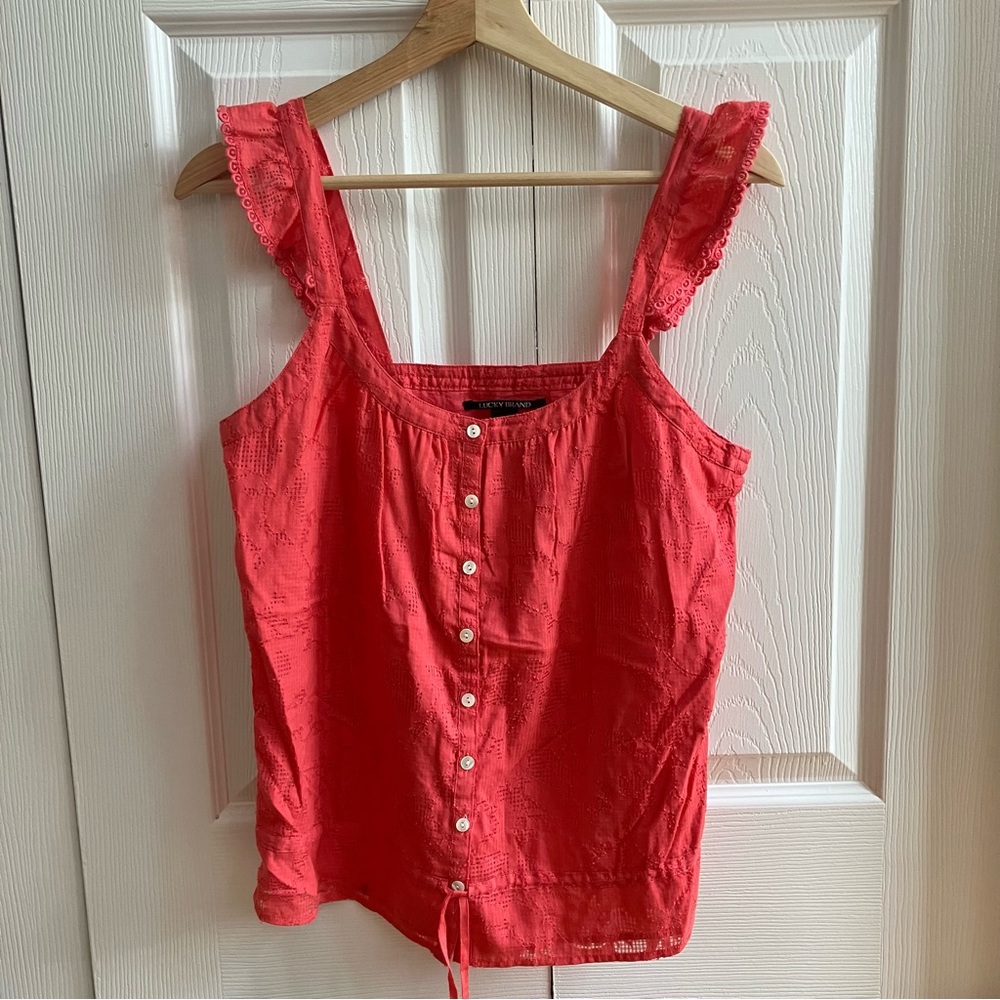Lucky Brand Coral Ruffle Eyelet Blouse Size M Coquette Cottage